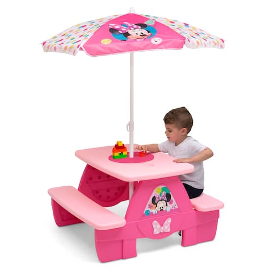 Disney&#xAE; Minnie Mouse 4 Seat Activity Picnic Table with Umbrella &#x26; LEGO Compatible Tabletop